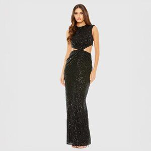 NWT Mac Duggal Black Sequin Twist Cut Out Open Back Gown